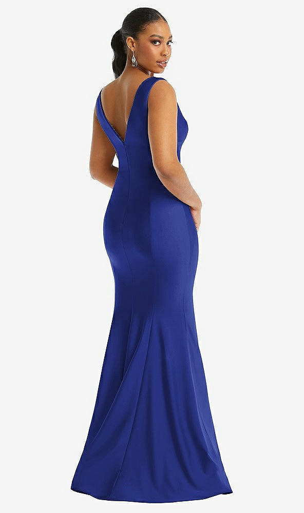 Back View - Cobalt Blue Shirred Shoulder Stretch Satin Mermaid Dress with Slight Train