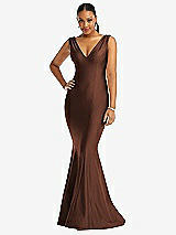 Front View Thumbnail - Cognac Shirred Shoulder Stretch Satin Mermaid Dress with Slight Train