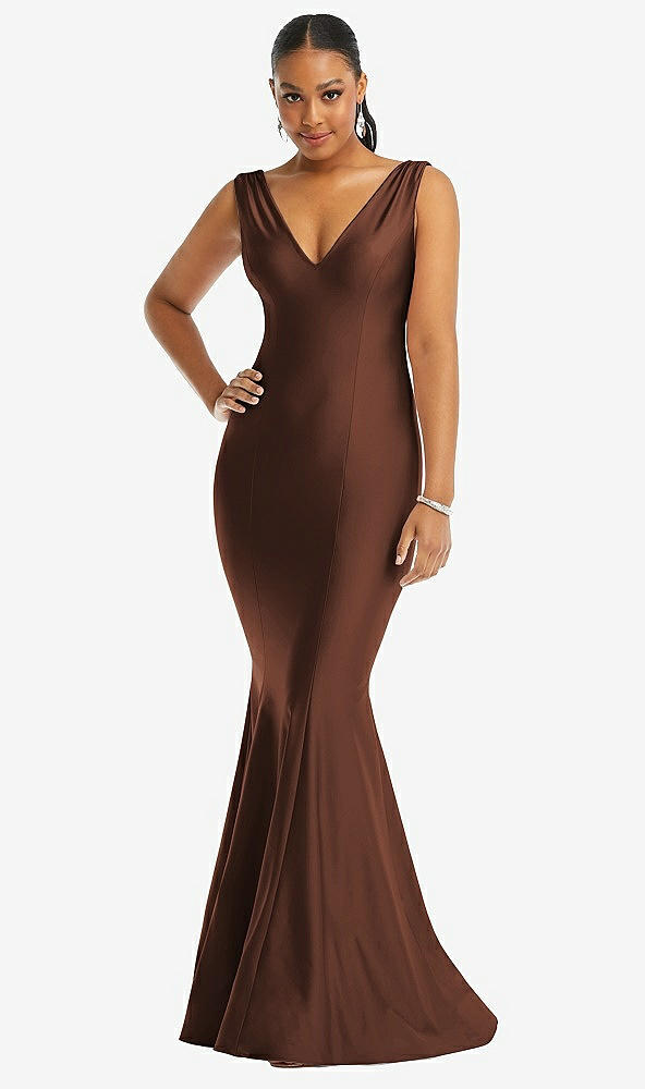 Front View - Cognac Shirred Shoulder Stretch Satin Mermaid Dress with Slight Train