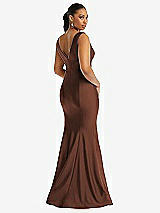Rear View Thumbnail - Cognac Shirred Shoulder Stretch Satin Mermaid Dress with Slight Train