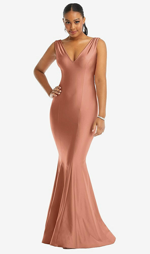 Front View - Copper Penny Shirred Shoulder Stretch Satin Mermaid Dress with Slight Train