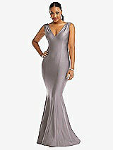 Front View Thumbnail - Cashmere Gray Shirred Shoulder Stretch Satin Mermaid Dress with Slight Train