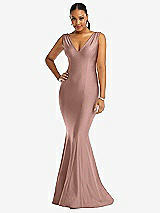 Front View Thumbnail - Neu Nude Shirred Shoulder Stretch Satin Mermaid Dress with Slight Train