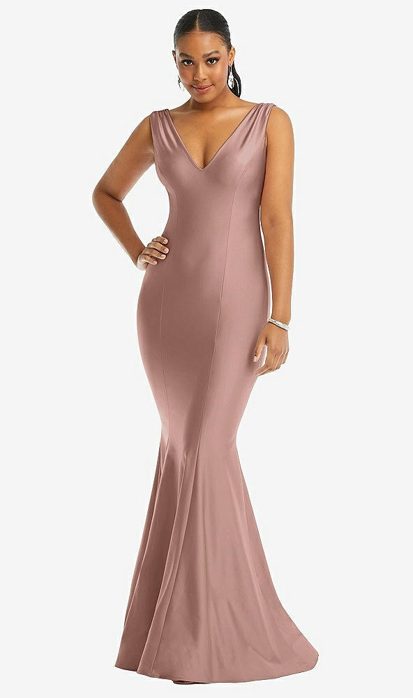Front View - Neu Nude Shirred Shoulder Stretch Satin Mermaid Dress with Slight Train