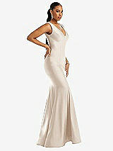 Side View Thumbnail - Oat Shirred Shoulder Stretch Satin Mermaid Dress with Slight Train