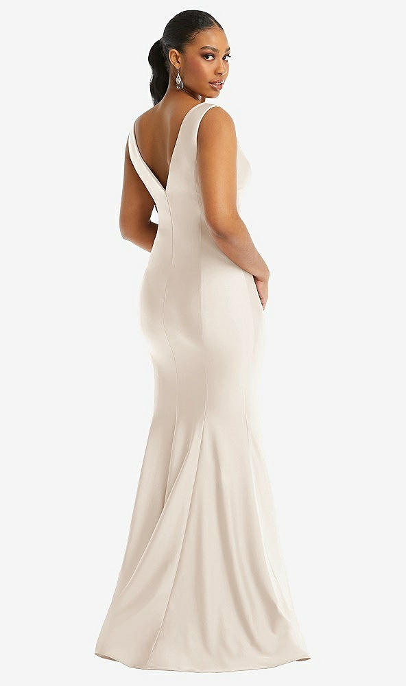 Back View - Oat Shirred Shoulder Stretch Satin Mermaid Dress with Slight Train