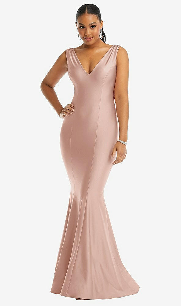 Front View - Toasted Sugar Shirred Shoulder Stretch Satin Mermaid Dress with Slight Train