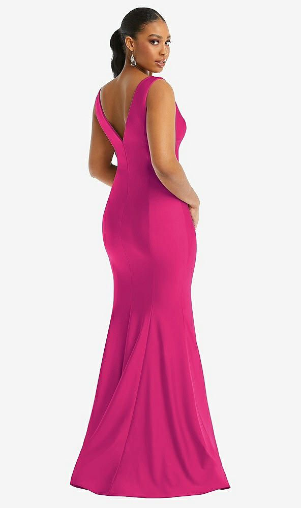 Back View - Think Pink Shirred Shoulder Stretch Satin Mermaid Dress with Slight Train