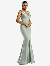 Alt View 1 Thumbnail - Willow Green Shirred Shoulder Stretch Satin Mermaid Dress with Slight Train