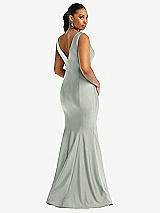 Rear View Thumbnail - Willow Green Shirred Shoulder Stretch Satin Mermaid Dress with Slight Train