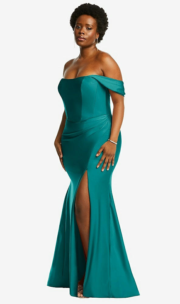 Back View - Peacock Teal Off-the-Shoulder Corset Stretch Satin Mermaid Dress with Slight Train