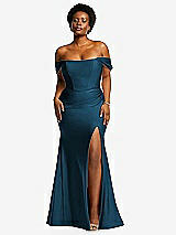 Front View Thumbnail - Atlantic Blue Off-the-Shoulder Corset Stretch Satin Mermaid Dress with Slight Train