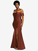 Side View Thumbnail - Auburn Moon Off-the-Shoulder Corset Stretch Satin Mermaid Dress with Slight Train