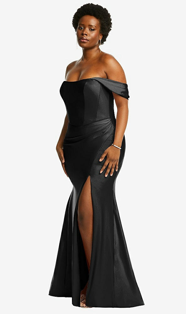 Back View - Black Off-the-Shoulder Corset Stretch Satin Mermaid Dress with Slight Train