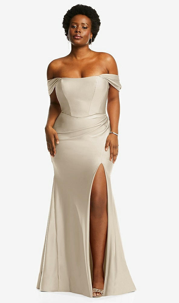 Front View - Champagne Off-the-Shoulder Corset Stretch Satin Mermaid Dress with Slight Train