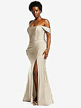 Side View Thumbnail - Champagne Off-the-Shoulder Corset Stretch Satin Mermaid Dress with Slight Train
