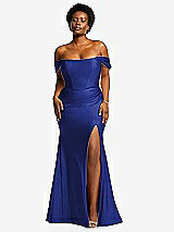 Front View Thumbnail - Cobalt Blue Off-the-Shoulder Corset Stretch Satin Mermaid Dress with Slight Train