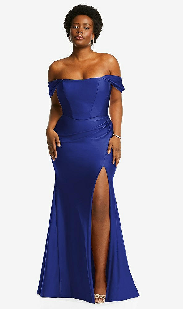Front View - Cobalt Blue Off-the-Shoulder Corset Stretch Satin Mermaid Dress with Slight Train