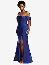 Side View Thumbnail - Cobalt Blue Off-the-Shoulder Corset Stretch Satin Mermaid Dress with Slight Train