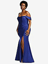 Rear View Thumbnail - Cobalt Blue Off-the-Shoulder Corset Stretch Satin Mermaid Dress with Slight Train