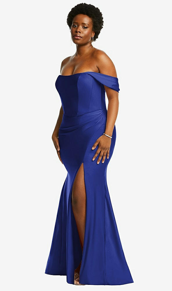Back View - Cobalt Blue Off-the-Shoulder Corset Stretch Satin Mermaid Dress with Slight Train
