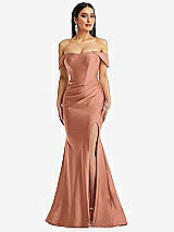 Alt View 1 Thumbnail - Copper Penny Off-the-Shoulder Corset Stretch Satin Mermaid Dress with Slight Train