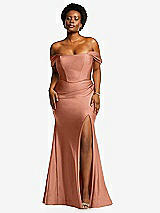 Front View Thumbnail - Copper Penny Off-the-Shoulder Corset Stretch Satin Mermaid Dress with Slight Train