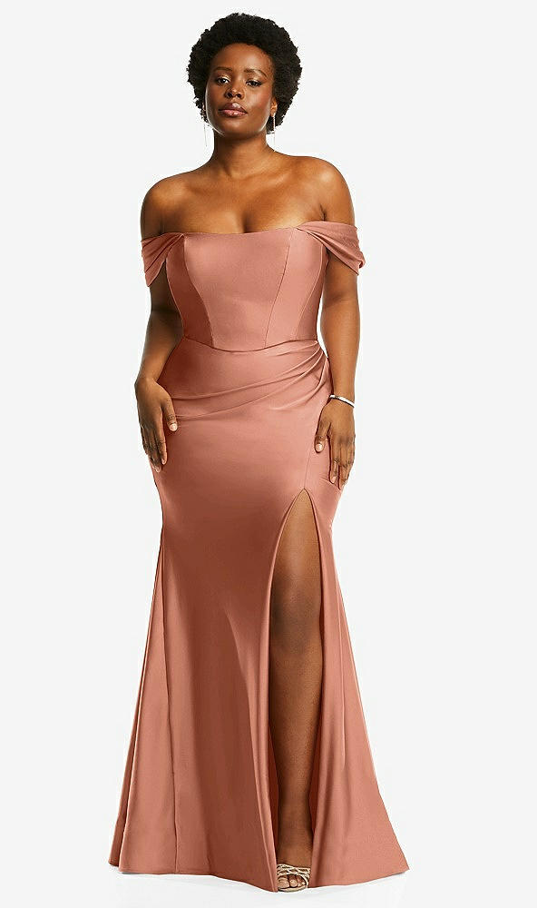 Front View - Copper Penny Off-the-Shoulder Corset Stretch Satin Mermaid Dress with Slight Train