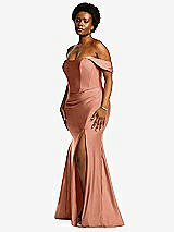 Rear View Thumbnail - Copper Penny Off-the-Shoulder Corset Stretch Satin Mermaid Dress with Slight Train