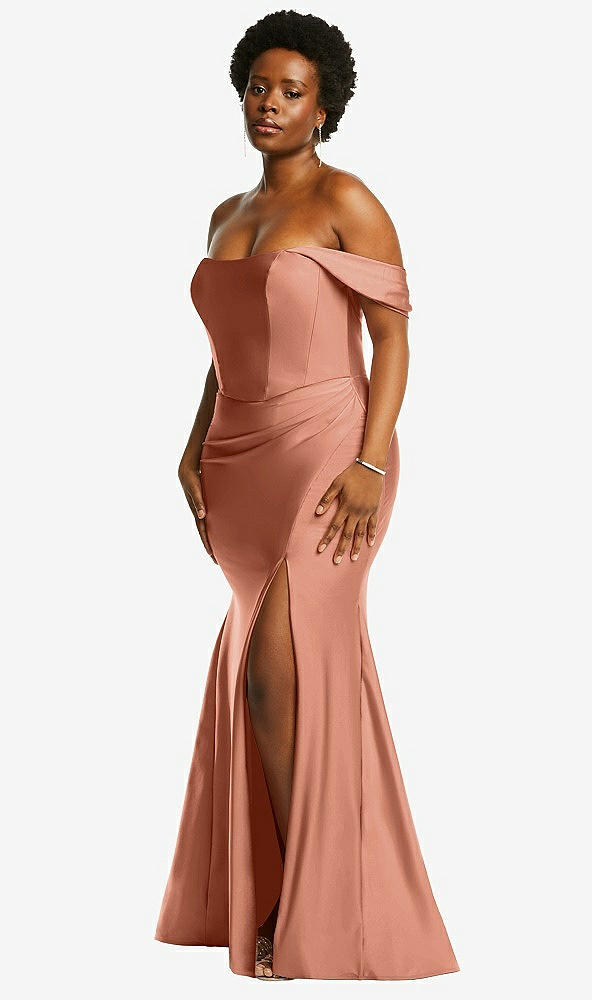 Back View - Copper Penny Off-the-Shoulder Corset Stretch Satin Mermaid Dress with Slight Train