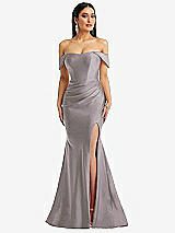 Alt View 1 Thumbnail - Cashmere Gray Off-the-Shoulder Corset Stretch Satin Mermaid Dress with Slight Train