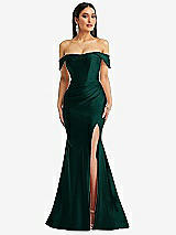 Alt View 1 Thumbnail - Evergreen Off-the-Shoulder Corset Stretch Satin Mermaid Dress with Slight Train