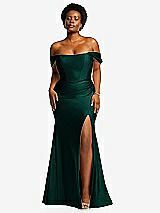 Front View Thumbnail - Evergreen Off-the-Shoulder Corset Stretch Satin Mermaid Dress with Slight Train
