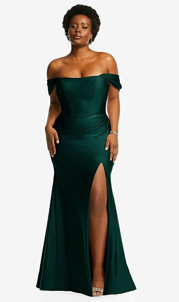 Front View - Evergreen Off-the-Shoulder Corset Stretch Satin Mermaid Dress with Slight Train