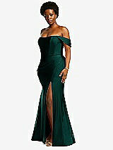 Side View Thumbnail - Evergreen Off-the-Shoulder Corset Stretch Satin Mermaid Dress with Slight Train