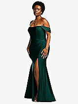 Rear View Thumbnail - Evergreen Off-the-Shoulder Corset Stretch Satin Mermaid Dress with Slight Train
