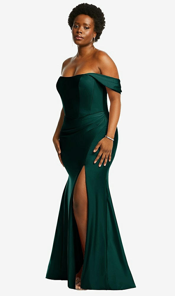 Back View - Evergreen Off-the-Shoulder Corset Stretch Satin Mermaid Dress with Slight Train
