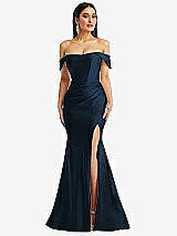 Alt View 1 Thumbnail - Midnight Navy Off-the-Shoulder Corset Stretch Satin Mermaid Dress with Slight Train