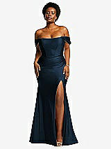 Front View Thumbnail - Midnight Navy Off-the-Shoulder Corset Stretch Satin Mermaid Dress with Slight Train