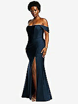 Side View Thumbnail - Midnight Navy Off-the-Shoulder Corset Stretch Satin Mermaid Dress with Slight Train