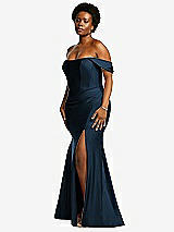 Rear View Thumbnail - Midnight Navy Off-the-Shoulder Corset Stretch Satin Mermaid Dress with Slight Train