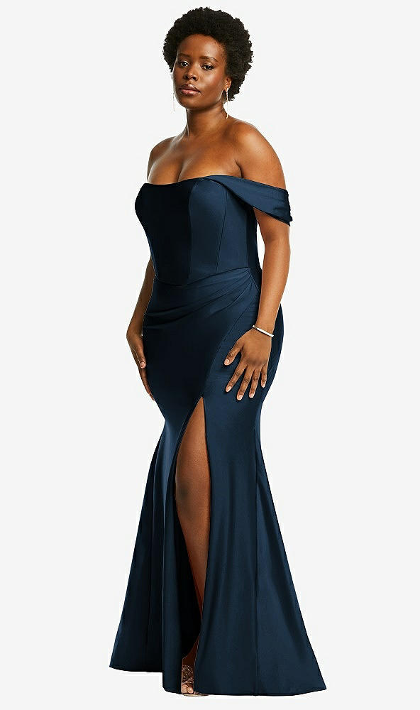 Back View - Midnight Navy Off-the-Shoulder Corset Stretch Satin Mermaid Dress with Slight Train