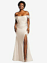 Front View Thumbnail - Oat Off-the-Shoulder Corset Stretch Satin Mermaid Dress with Slight Train