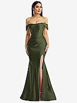 Alt View 1 Thumbnail - Olive Green Off-the-Shoulder Corset Stretch Satin Mermaid Dress with Slight Train