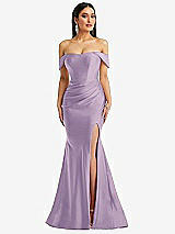 Alt View 1 Thumbnail - Pale Purple Off-the-Shoulder Corset Stretch Satin Mermaid Dress with Slight Train
