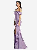 Alt View 2 Thumbnail - Pale Purple Off-the-Shoulder Corset Stretch Satin Mermaid Dress with Slight Train