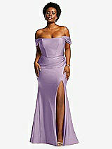Front View Thumbnail - Pale Purple Off-the-Shoulder Corset Stretch Satin Mermaid Dress with Slight Train