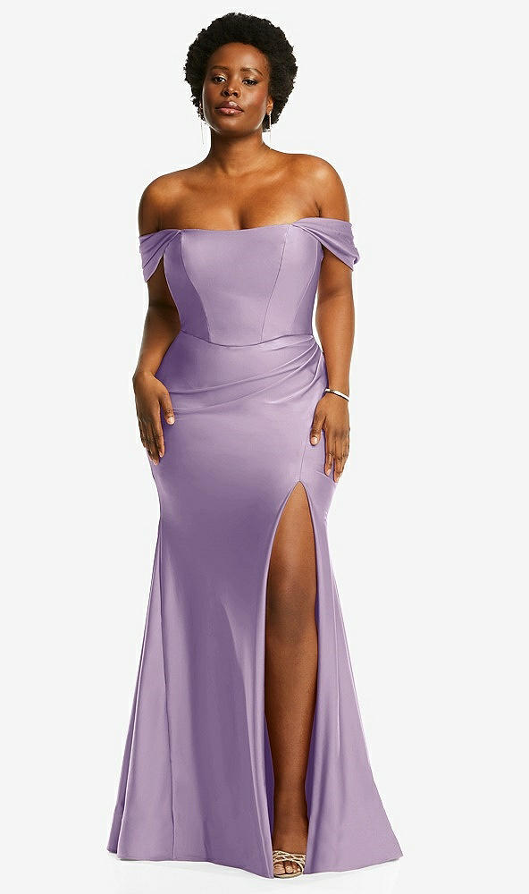 Front View - Pale Purple Off-the-Shoulder Corset Stretch Satin Mermaid Dress with Slight Train