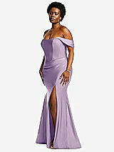 Rear View Thumbnail - Pale Purple Off-the-Shoulder Corset Stretch Satin Mermaid Dress with Slight Train