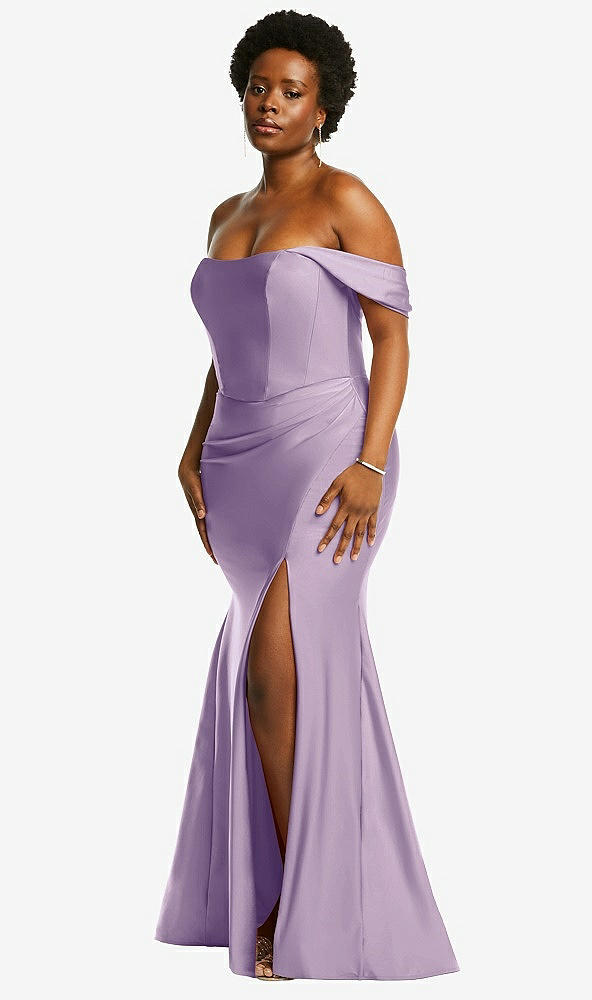 Back View - Pale Purple Off-the-Shoulder Corset Stretch Satin Mermaid Dress with Slight Train